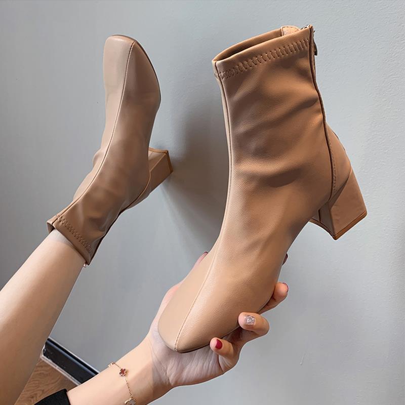 Women's White Mid-Calf Chunky Heeled Ankle Boots - Autumn/Winter 2025 French Style, Slimming, Medium Heel, Square Toe.