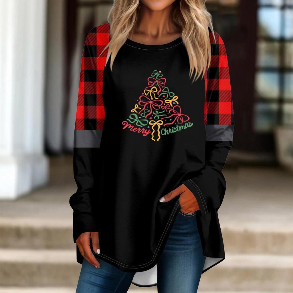 Fashionable Women's Loose Round Neck Christmas Small Print Long-sleeved T-shirt Top Pullover