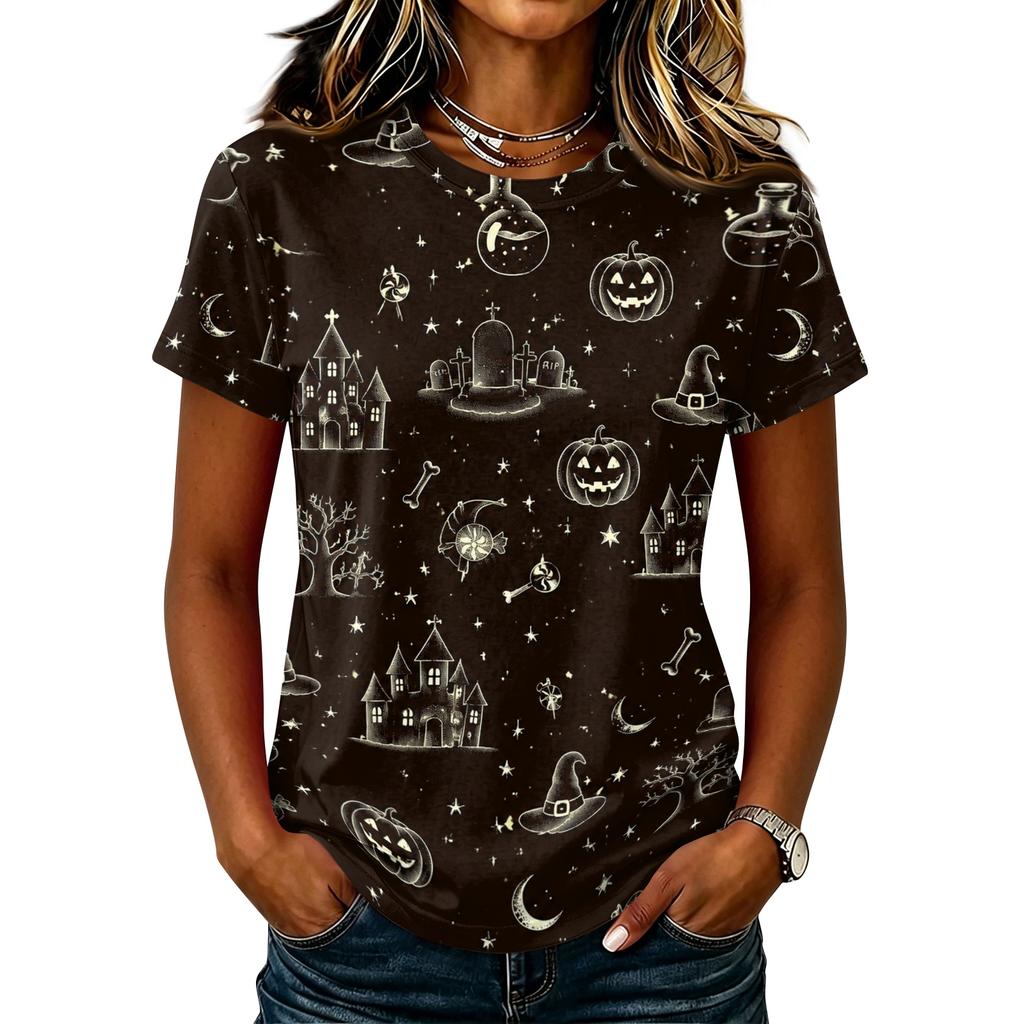Ladies Casual Pullover Short Sleeve T Shirt Halloween Print Crew Neck Top Halloween Themed Graphic Tee for Women
