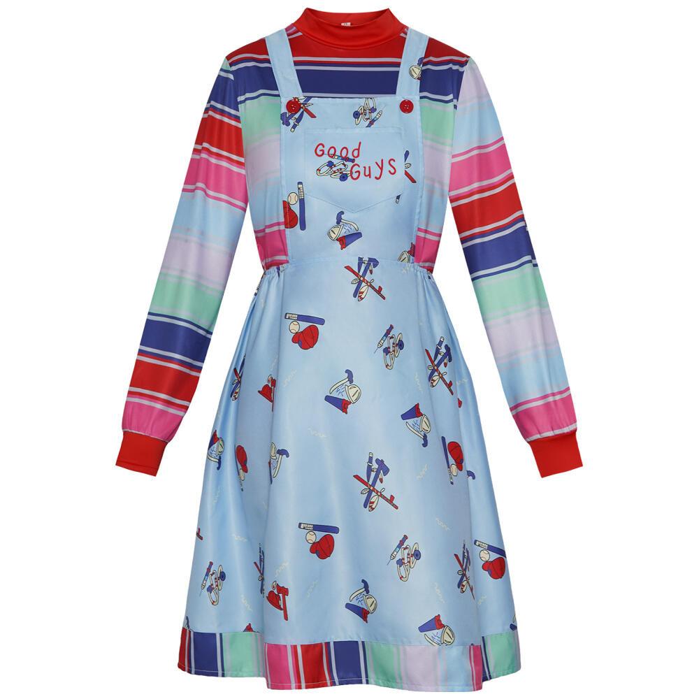 

Adult Chucky Cosplay Costume with Striped Shirt and Jumpsuit for Chucky Overalls Halloween Costumes S убе
