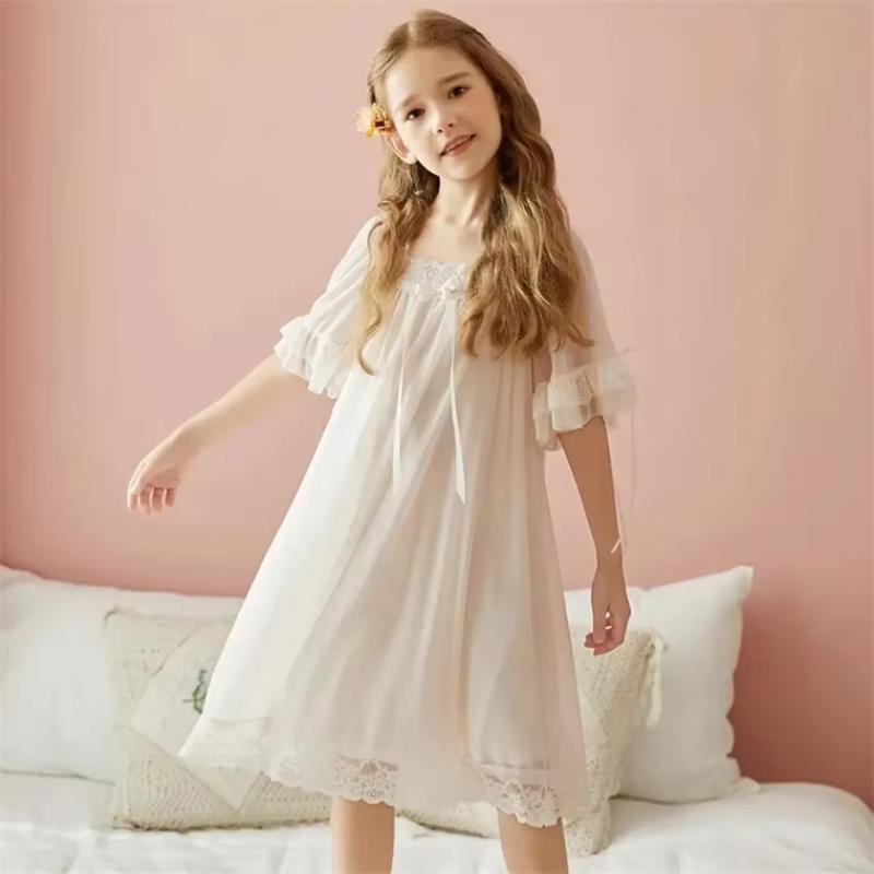 Girl Princess Nightgown Long Sleeved Spring And Autumn Children's Lace Palace Baby Girl Parent-child Ice Silk Pajamas