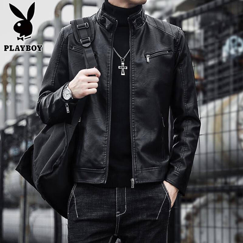 Playboy Men's Stand Collar Motorcycle Jacket
