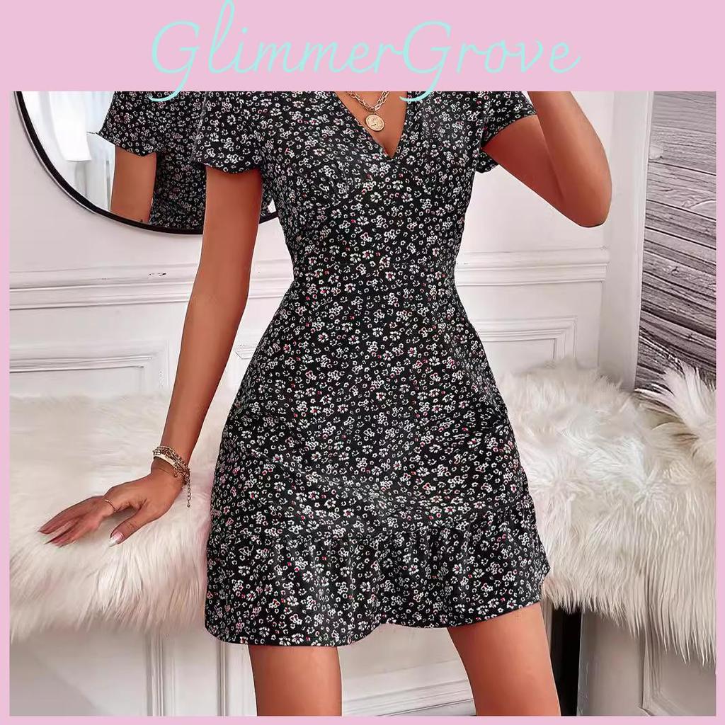 Summer Chic Floral Print V Neck Dress With Ruffle Hem For Casual And Beach Wear