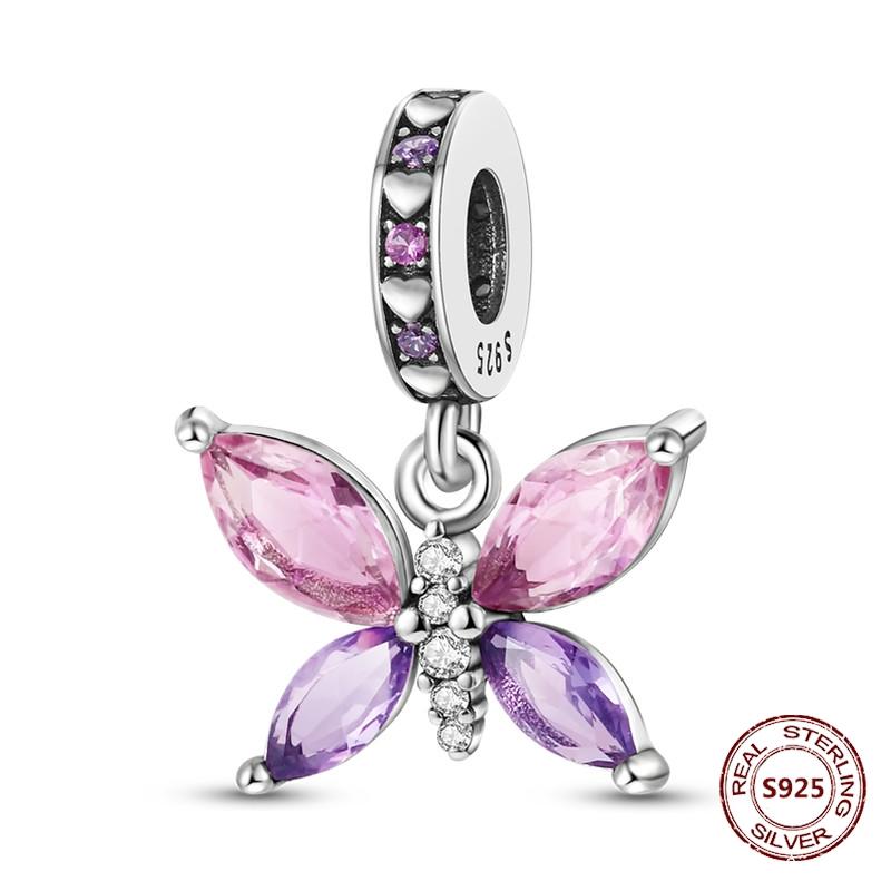 Butterfly Charm copper Authentic Pink Blue Zircon Fly Butterflies Safety Chain Clip Charm Bead Charms Compatible With Bracelets Do It Yourself Jewelle