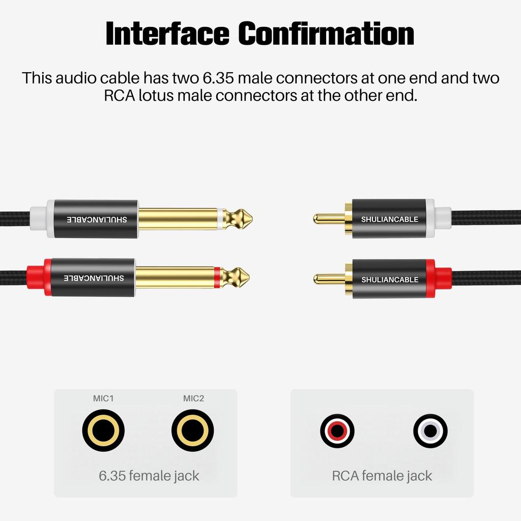 SHULIANCABLE to RCA 2 x TS to Dual RCA Stereo Audio Connection Compatible with AV Home Audio and Amplifiers 1/4" Cable, 6.35mm Cable, Receivers,