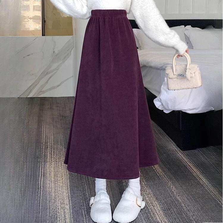Autumn Winter Women's Fleece-Lined Thickened Corduroy Midi Skirt Retro High Waist Slim-Fit A-Line Long Skirt