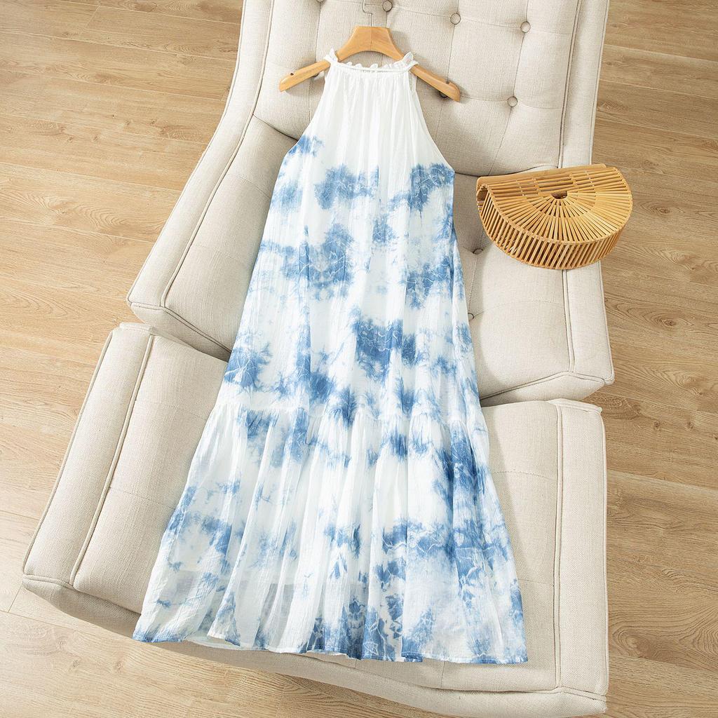 Yunnan Tie-dye Halter Neck V-neck 3D Flower Summer Dress with Wide Hem Skirt for Women