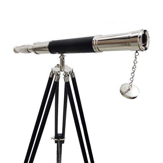 Marine Brass Telescope Single Barrel Wooden Adjustable Tripod Floor Standing Black Leather Chrome Finish Home Office Decor