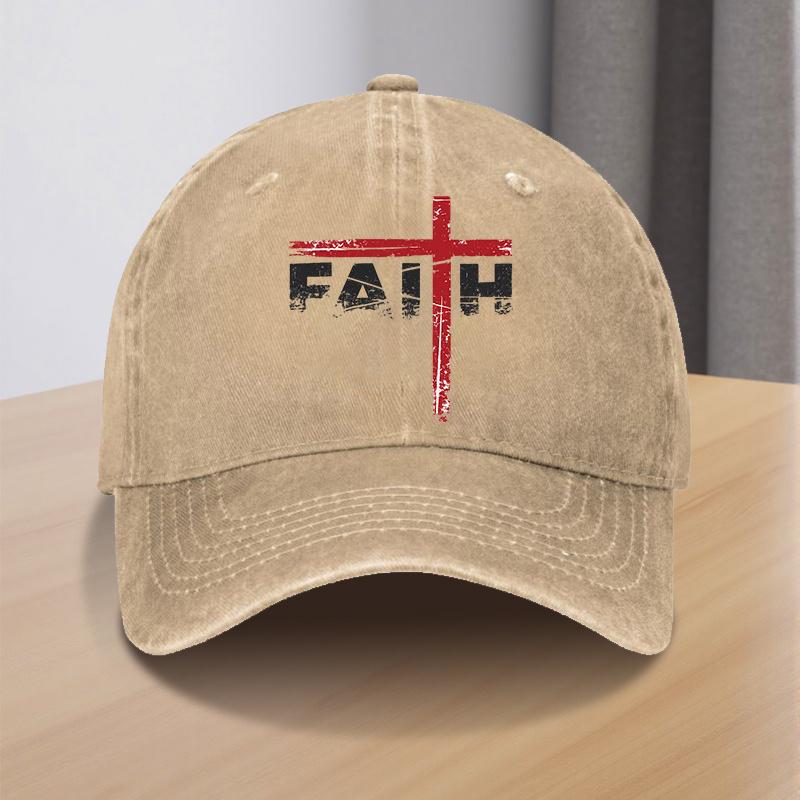 Faith Cross Distressed Print Baseball Cap Polyester Casual Washed Style Adjustable Hat for Adults