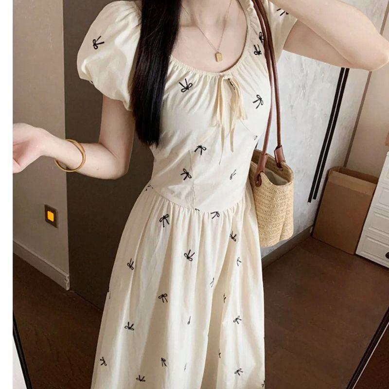 New Gentle French Lace-up Bubble Dress, Summer Waist Temperament, Thin Delivery Within Days, Printed Dress