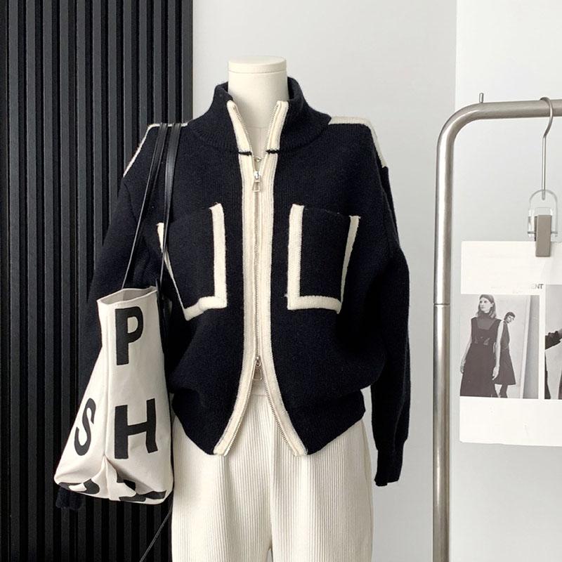 Women's Double-head Zipper Knitted Cardigan Pocket Contrast Loose Knit Sweater Stand Collar Cardigan Jacket Knitted Coat  Top