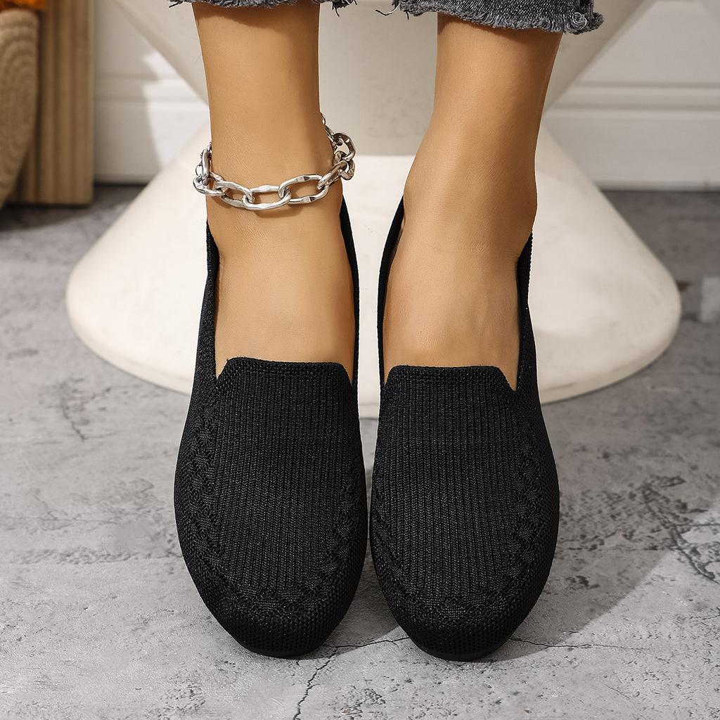 Flat Bottomed Round Toe Knitted Shoes, Women's Solid Color One Foot Walking Mesh Shoes, Breathable Daily Shoes