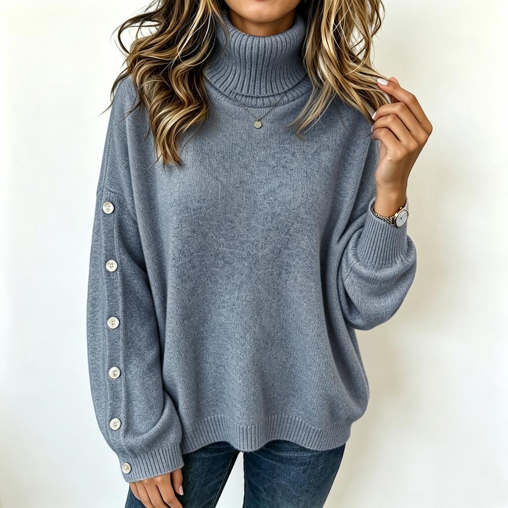Women's Casual Turtleneck Button Sweater Long Sleeve Knit Pullover for Fall Winter