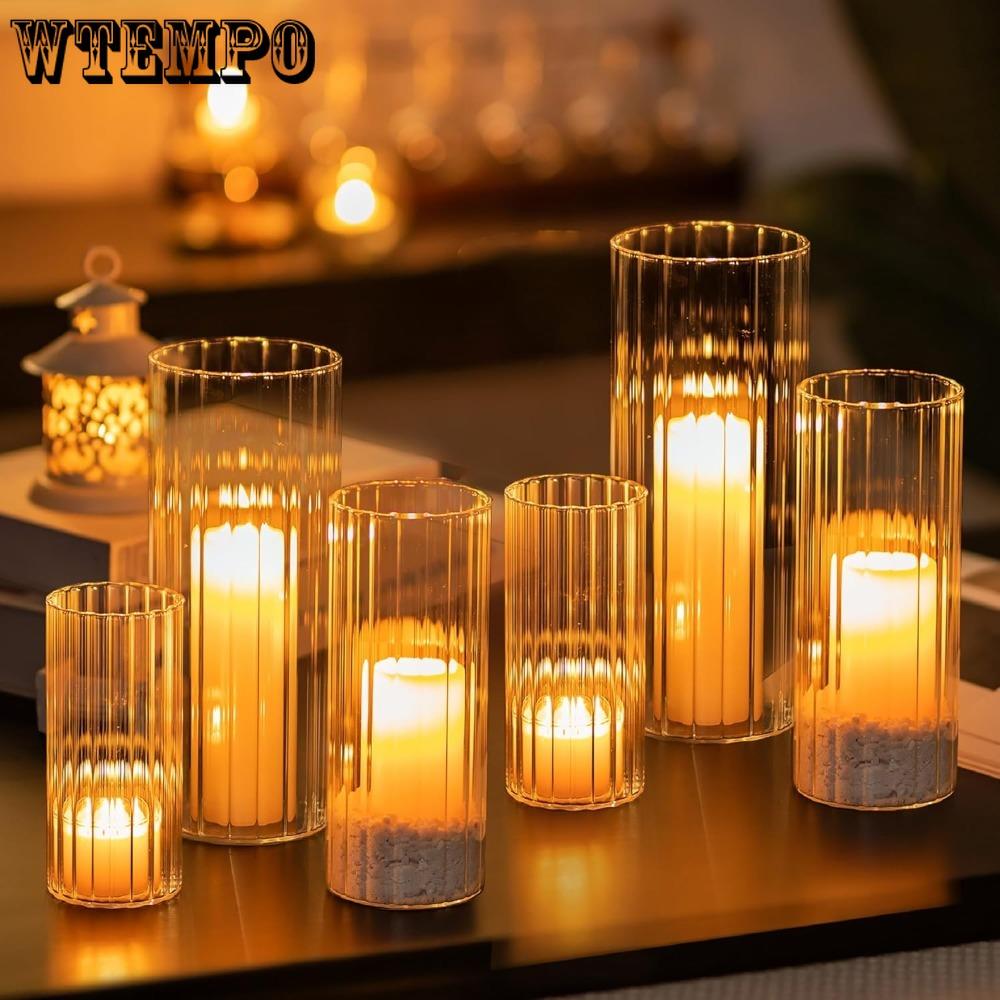 6pcs Ribbed Glass Candle Holder Cylinder Candle Holders for Pillar Candles Clear Hurricane Candle Holder Decorative Floating Candle Vases