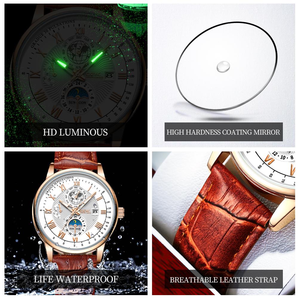 OPK 8153 Fashion Business Men's Quartz Wristwatch Luminous 24 Hour Moon Phase Leather Strap Waterproof Man Watch Luxury