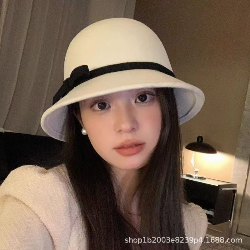 Temperament: woolen bow pot hat for women, winter versatile elegant warm bucket hat, Hepburn-style French daughter topper