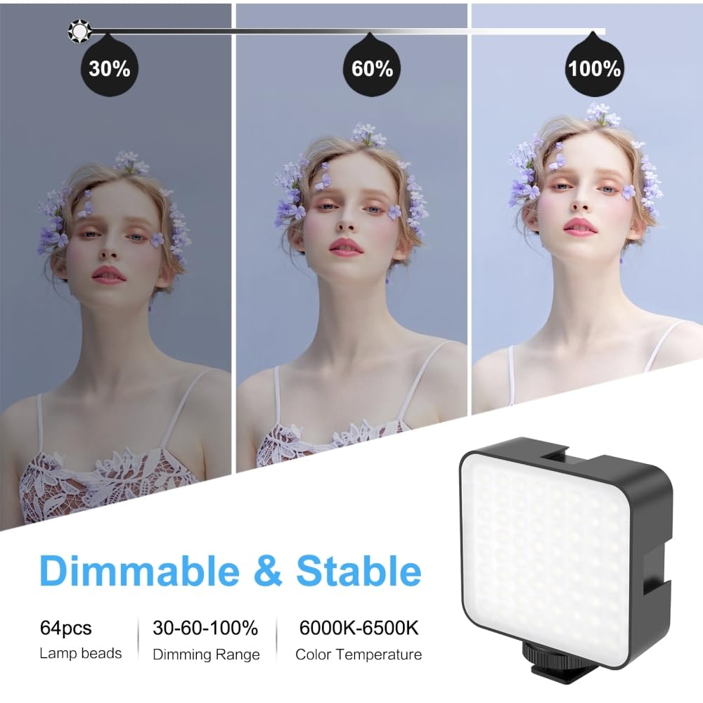 64 5W Dimmable LED Video Light with 3 Cold Shoe Thread for and Other DSLR Cameras Mounts, 1/4" Canon, Sony,