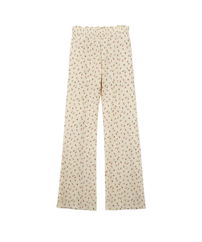 LOTSYOU Lotsyou_Shirring Boot Cut Pants Flower Beige