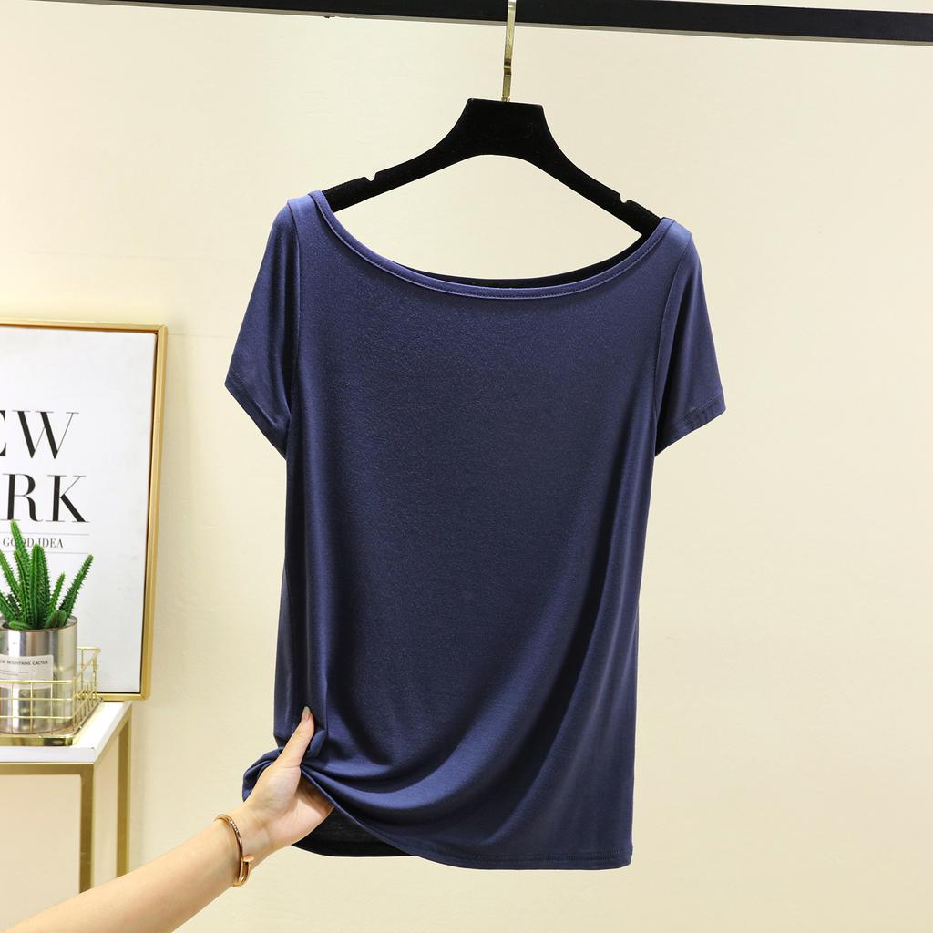 Dámské modální tričko s krátkým rukávem a odhalenými zády, lodičkovým výstřihem a odhalenými rameny, jednobarevné, volná základní vrstva, top pro větší velikosti, jednoduchá trička