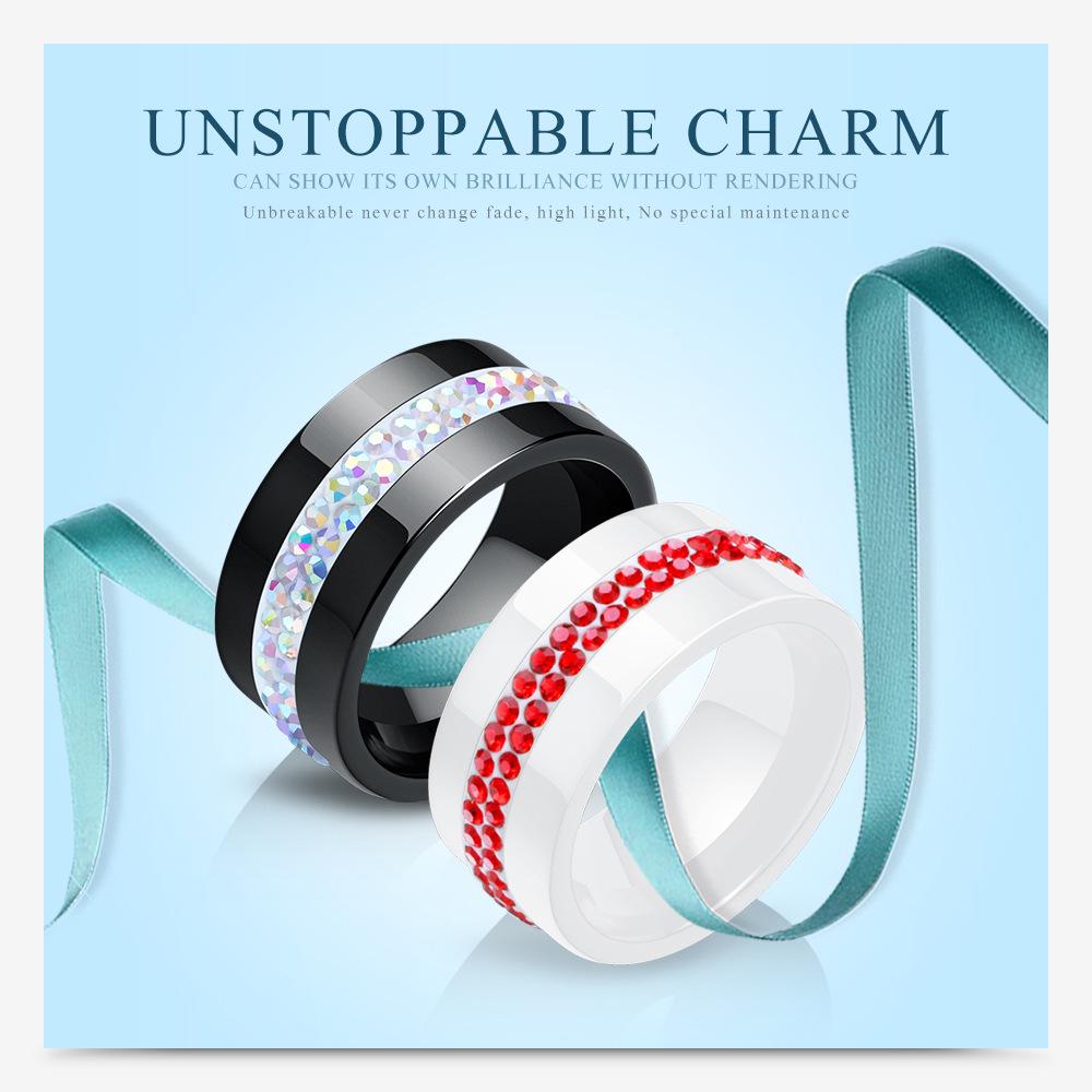 Stylish Ceramic Black and White Two-Row Diamond Ring, 10MM
