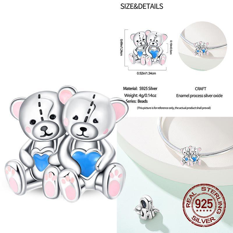 Real Copper Princess Pink Bear Bead Blue Rose Red Bears Pendant Charms Fit Bracelet Neckalce Diy Bithday Gift