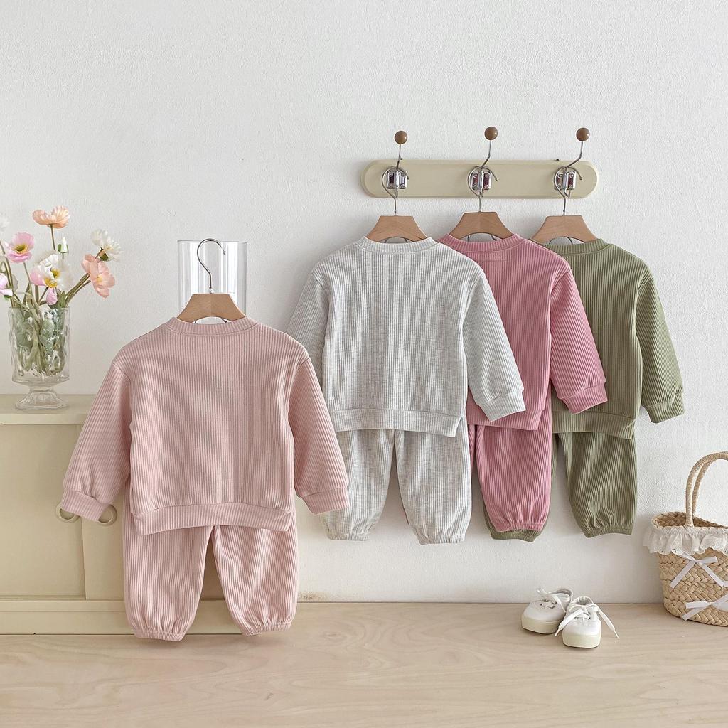 Spring Arrival: Unisex Waffle Knit Two-Piece Set for Toddlers & Kids with Letter Embroidery - Korean Style Home Wear