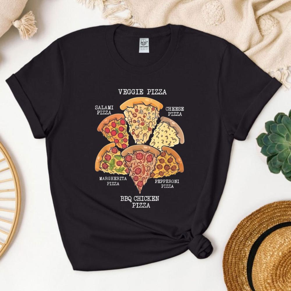 Funny Pizza Flavors Tshirt Six Pizza Types Graphic Casual Cotton Tee Daily Wear Pizza Lover Vintage Fashion Streetwear for Women