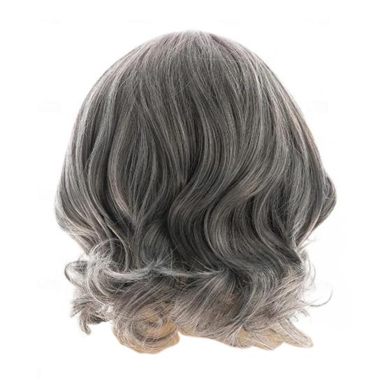 Short Curly Silver-gray Wig with Side Bangs Natural Looking Fluffy Halloween Costume Party Men Women Short