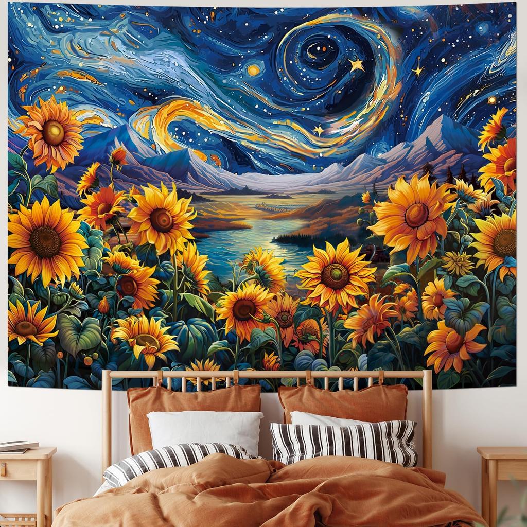 Yuiqear Sunflower Starry Sky Tapestry Galaxy Space Tapestries Mysterious Mountain River Wall Decor Fantasy Landscape Tapestry for Bedroom