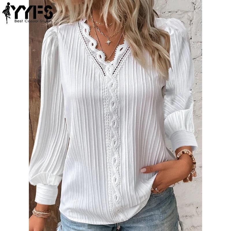 YYFS Women's Fashion Casual Spring Fall Solid Color Print Pullovers & Long Sleeves V-Neck Blouses & Shirts