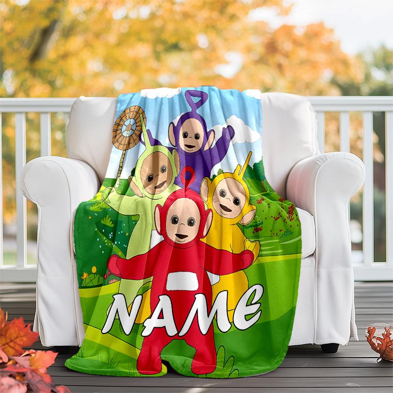 Customizable Teletubbies Throw Blanket – Personalized Name, All-Season Cozy Snug Blanket, Machine Washable, Personalized Blanket