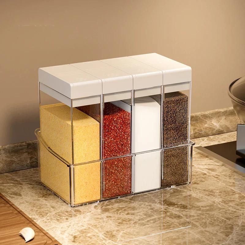 

Kitchen Transparent Seasoning Box 4-compartment Salt Sugar Spice Jar Condiment Powder Dispenser Container Kitchen Supplies белый