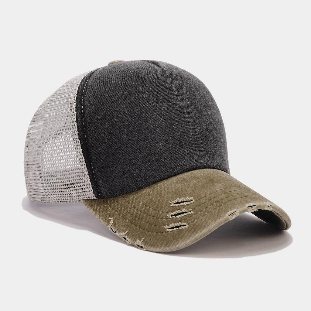 New Unisex Color Block Broken Style Baseball Hats Distress Breathable Mesh Sunshade Retro Trucker Caps Versatile Simple Fashion