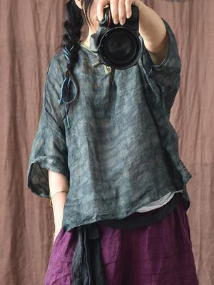 Women Vintage Ramie Shirts Tops Print Floral Half Sleeve Summer High Quality Female Blouses
