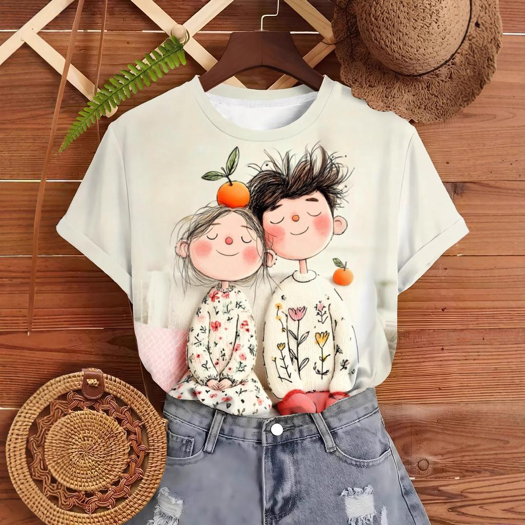New cute couple pattern short-sleeved T-shirt women