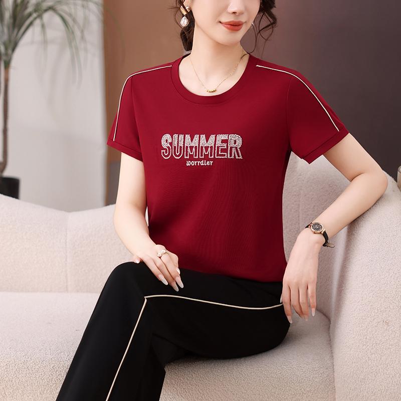 

2026 Women s Loose Slimming Short Sleeve Straight Leg Pants Suit - Versatile Two-Piece Set 3XL (130-140 jin) вина червоного кольору