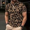 Women Short Sleeve Polo Shirt Khaki Black Brown Full Leopard Spot Print Half Zip Lapel Top