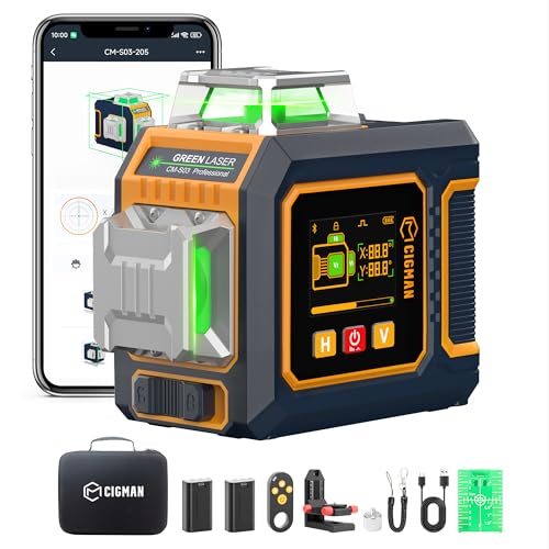 

CIGMAN 3D Laser Level, 12 Lines, High Precision ±1.5mm/5m, 2-Inch Color LCD, App Compatible, USB-C Rechargeable, 5200mAh Battery, Suitable for Outdoor