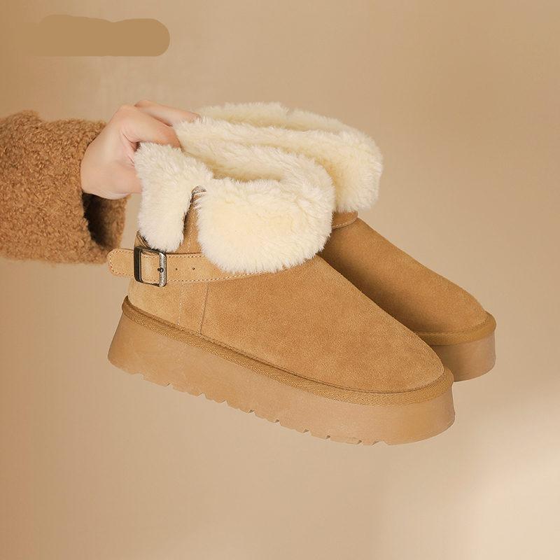 Warm flipped plush thick-soled snow boots for women to increase their height in winter, new comfortable fluffy thickened cotton shoes