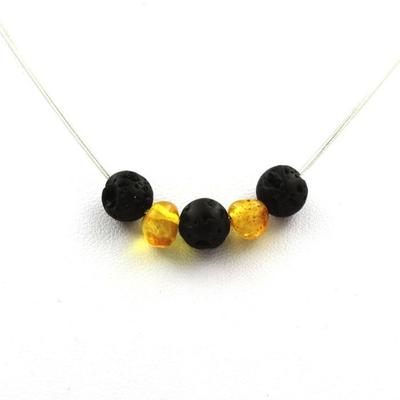 Stones and Minerals. 8mm Lava Bead Necklace + Genuine Baltic Sea Amber Stainless Steel Chain.