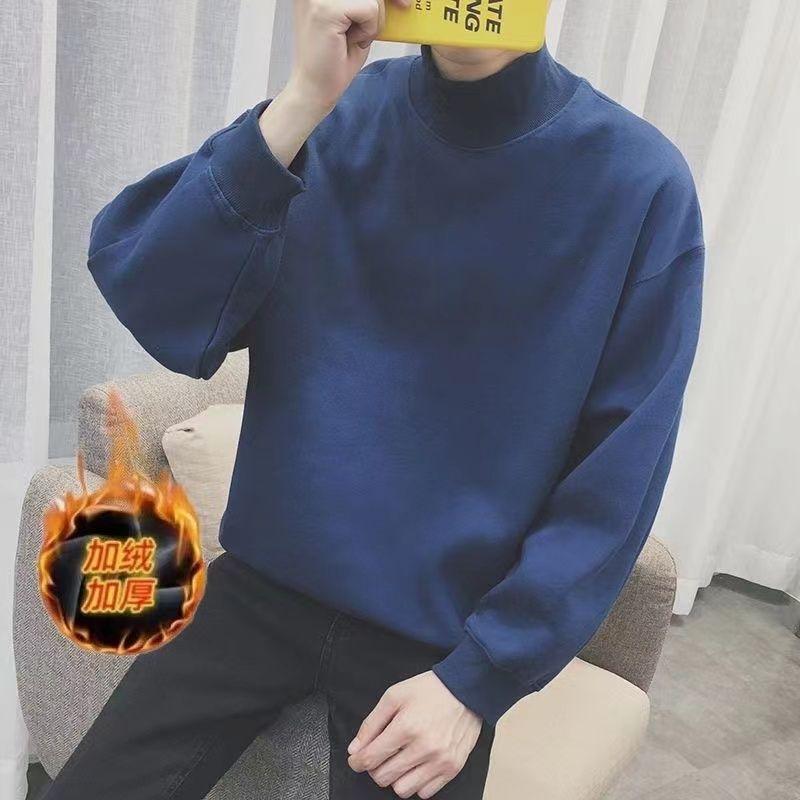 

Осень-зима, новые модные однотонные толстовки с высоким воротником и длинными рукавами, мужская одежда, универсальные корейские свободные простые топы XXL темно-синий