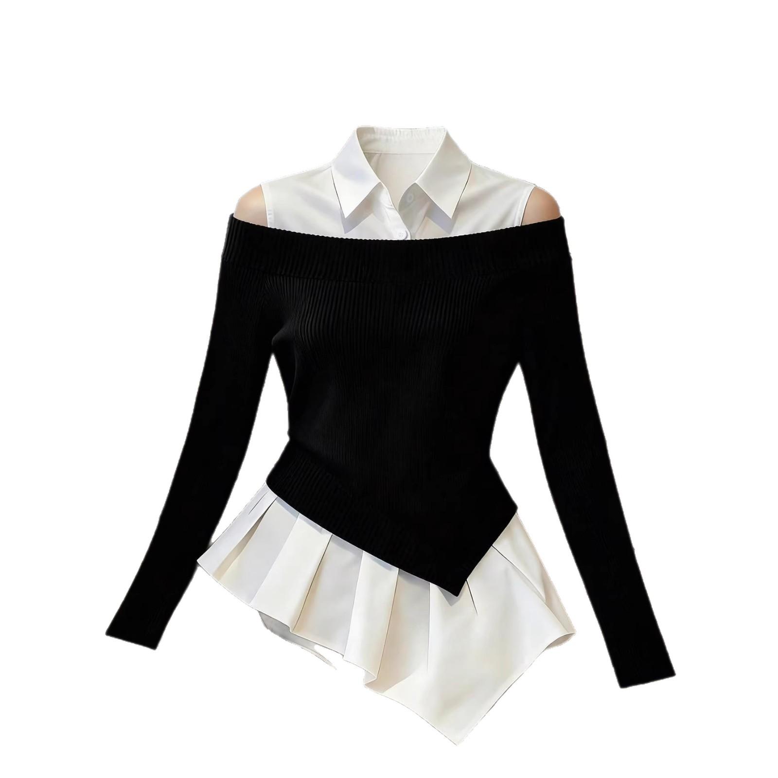 2026 Spring/Summer New Arrivals: Asymmetrical Padded Two-Piece Flared Sleeve Top Fashion Black and White T-Shirt for Women L