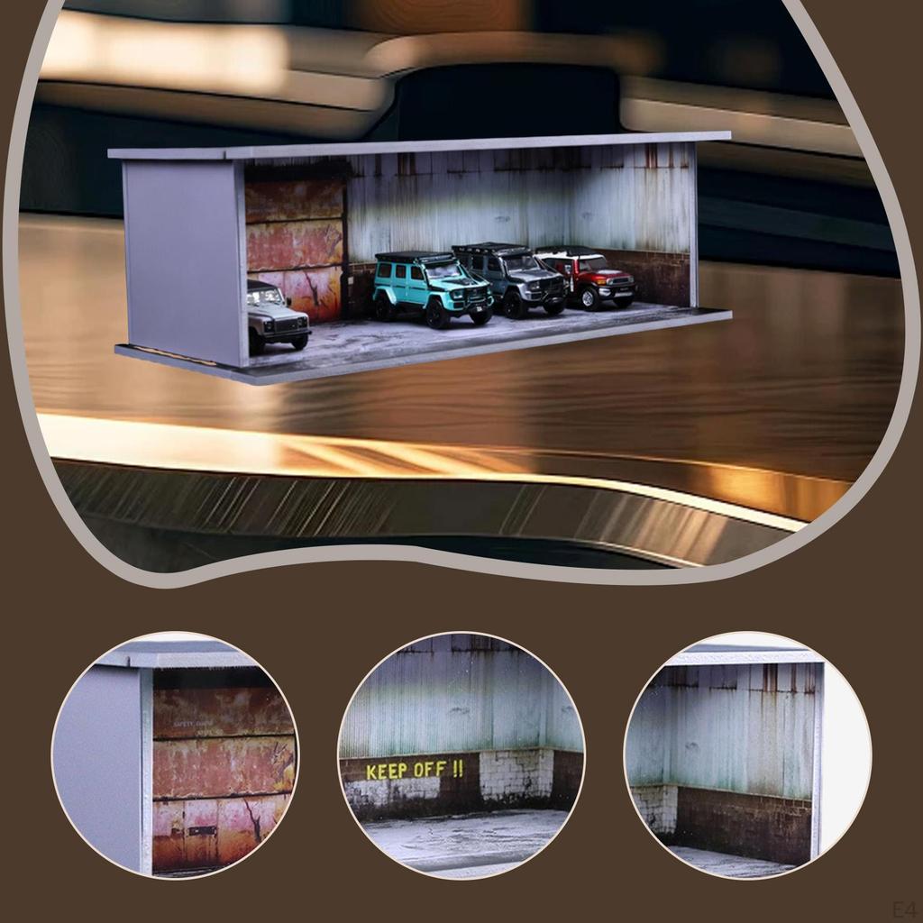 1:64 Garage Display Case Acrylic Sliding Door with LED, Realistic Scene Showcase Diorama for