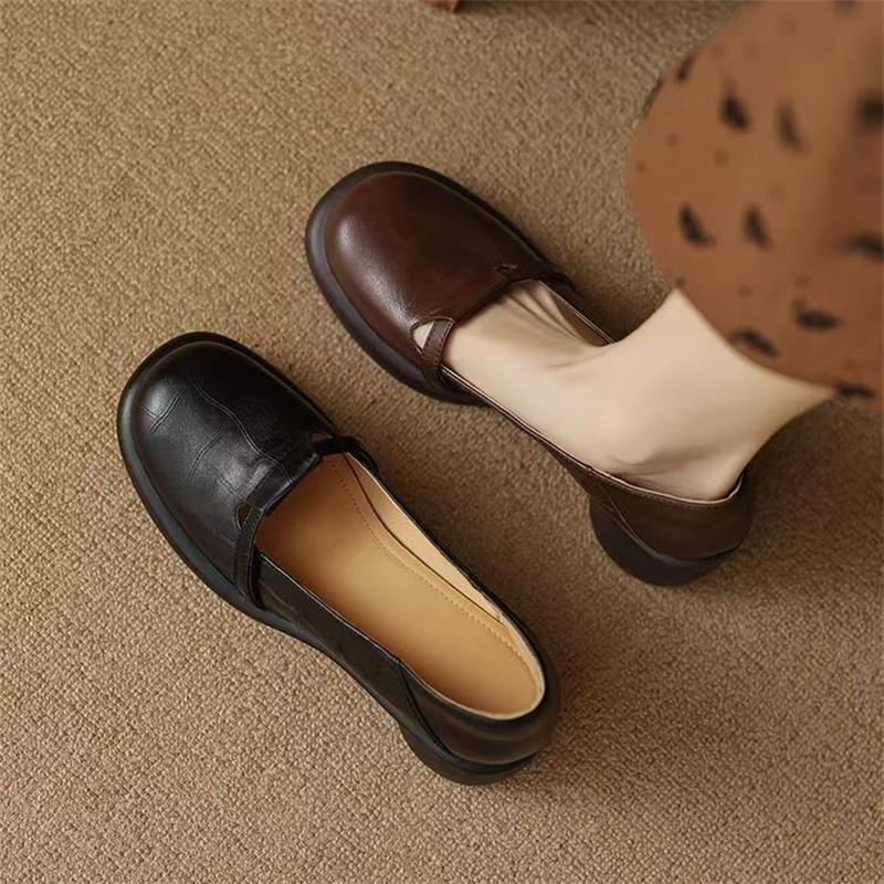 2025 New Commuter Women's Shoes Round Head Shallow Mouth Retro Platform One-pedal Single Shoes French Mary Jane Small Leather Shoes