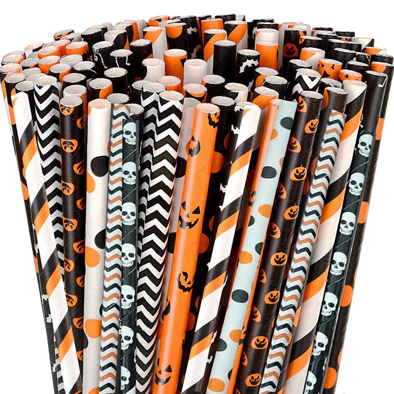 100pcs/bag Halloween Paper Straw Pumpkin Bat Spider Skull Orange Black Color Festival Paper Straws