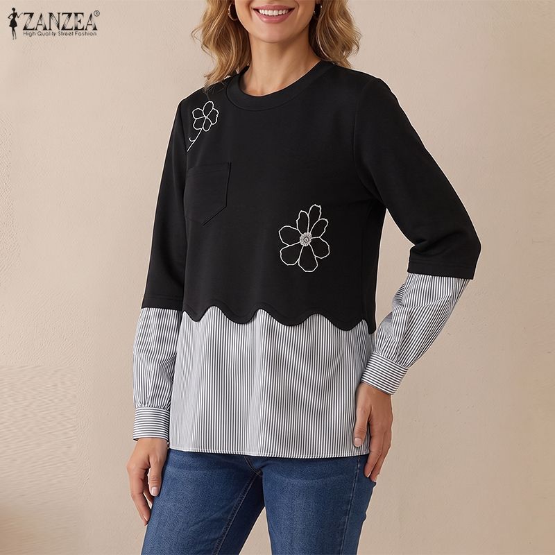 ZANZEA Damen Lässiges Langarm Streifen Patchwork Pullover Sweatshirt
