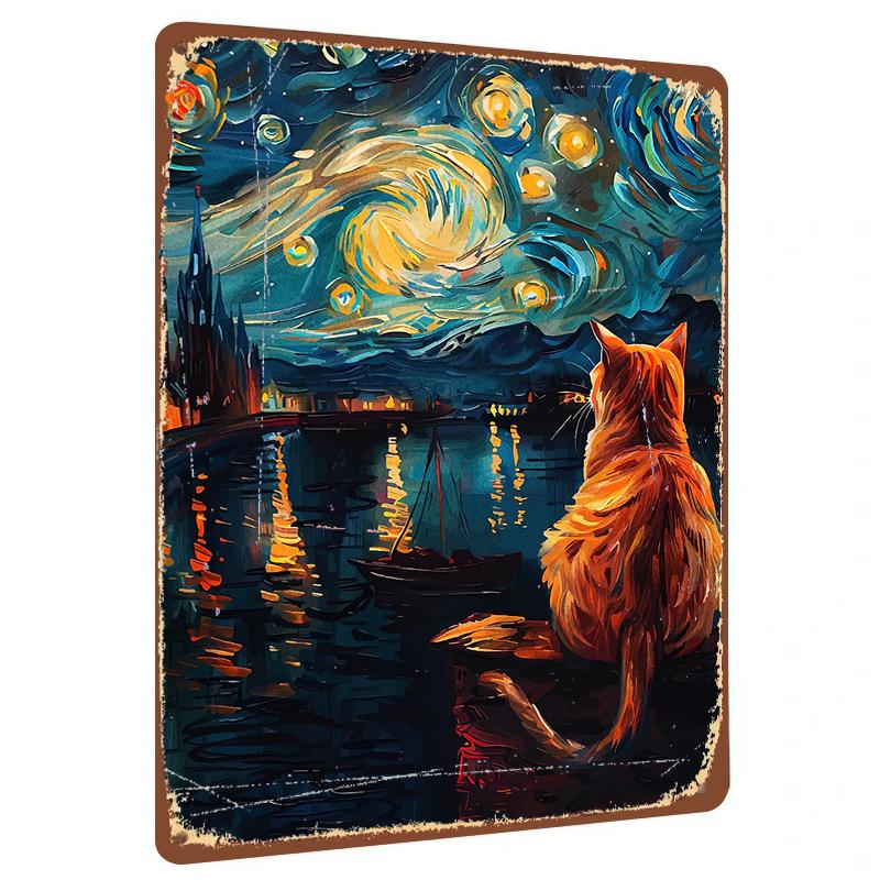 Van Gogh Starry Night Metal Wall Art Orange Cat Watching Harbor Scenery Home Decor