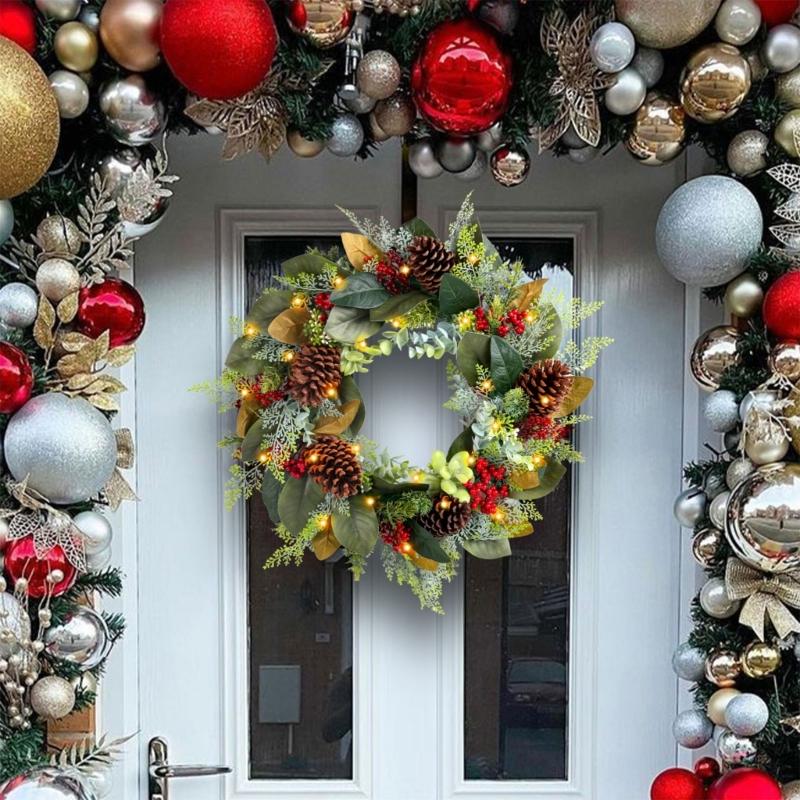 Artificial Wreath LED Light up Christmas Wreath with Pinecone for Front Door Window Yard Garden Christmas Decorations