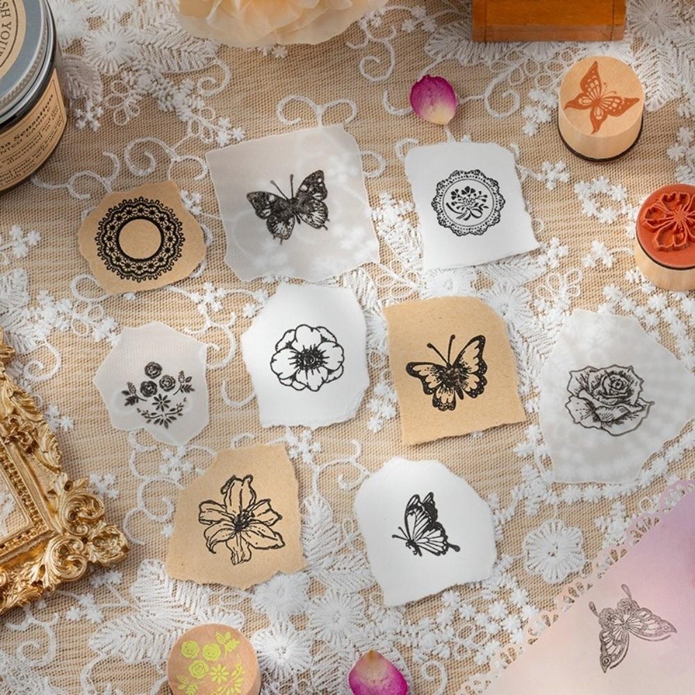 Creative Flower Themed Wooden Stamp Set DIY Craft 3 Options Wood Rubber Stamp Handmade Style Petal Lace Stamp Diary Decoration