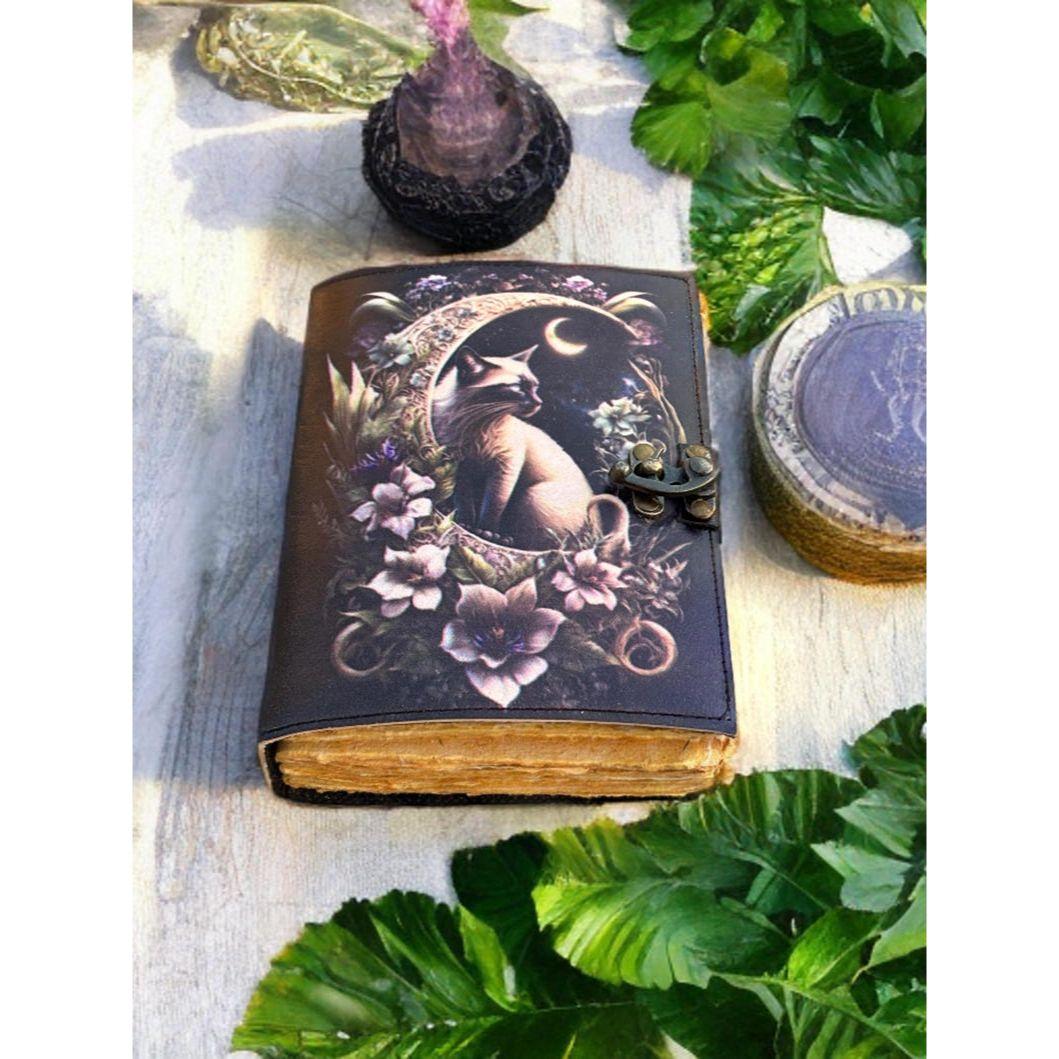 

Grimoire Cat Leather Journal -Notebook Sketchbook - Book of shadow - Witch Wiccan Journal -Handmade Deckle Edge Paper Gifts 7 x 5 in